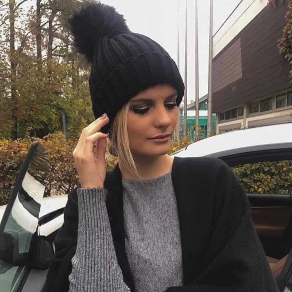 BLACK FUR POM BEANIE HAT - Picture 7 of 10